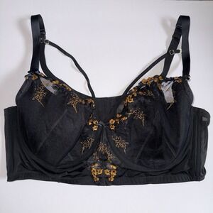 Cacique 46D Black Embroidered Lace Longline Underwire Bra Strappy Mesh Sheer
